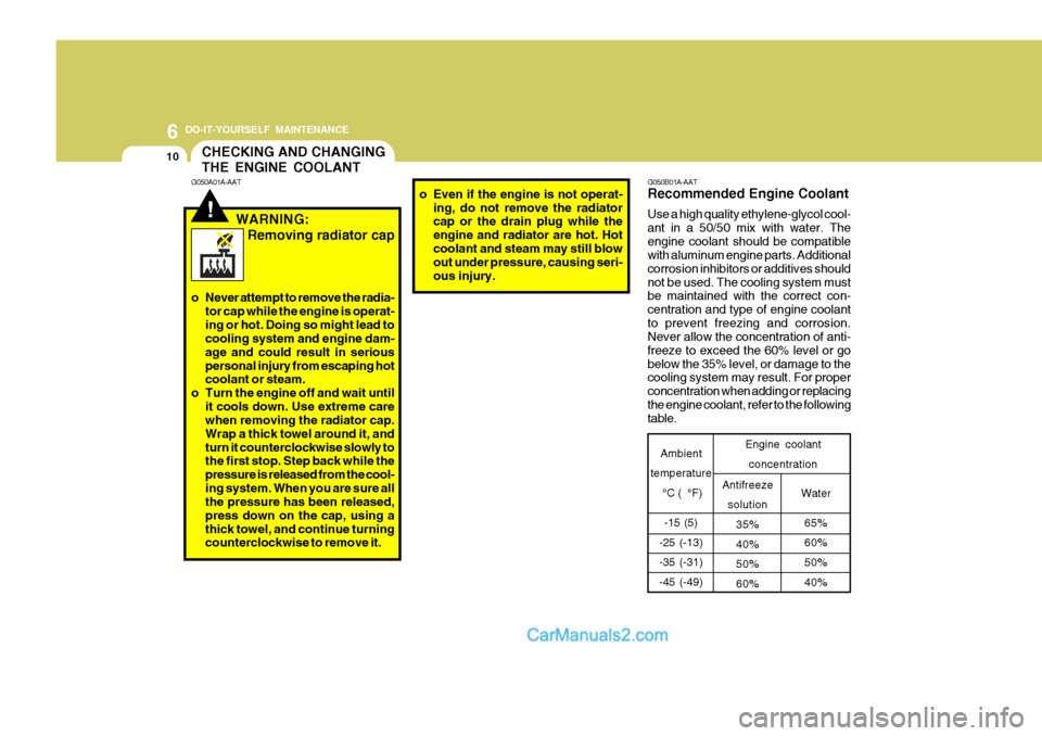 Hyundai H-100 Truck 2012 Owners Manual 6 DO-IT-YOURSELF MAINTENANCE
10
G050B01A-AAT Recommended Engine Coolant Use a high quality ethylene-glycol cool- ant in a 50/50 mix with water. Theengine coolant should be compatible with aluminum eng Hyundai H-100 Truck 2012 Owners Manual 6 DO-IT-YOURSELF MAINTENANCE
10
G050B01A-AAT Recommended Engine Coolant Use a high quality ethylene-glycol cool- ant in a 50/50 mix with water. Theengine coolant should be compatible with aluminum eng