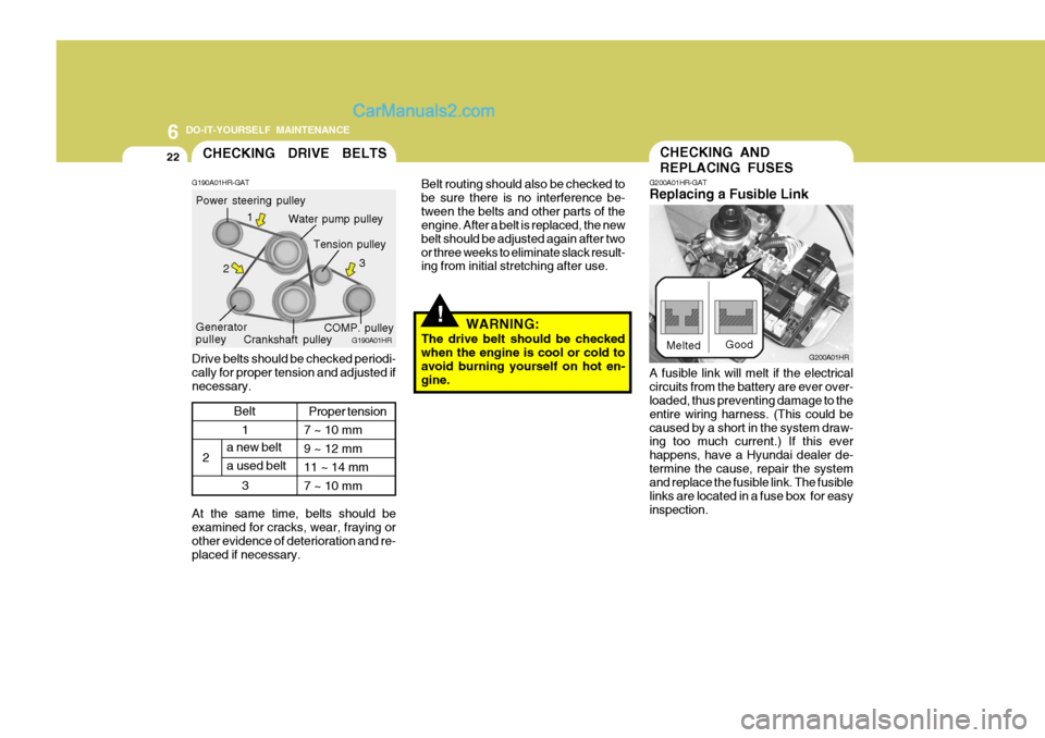 Hyundai H-100 Truck 2012 Owners Manual 6 DO-IT-YOURSELF MAINTENANCE
22CHECKING AND REPLACING FUSES
G200A01HR-GAT Replacing a Fusible Link
G200A01HR
Melted
Good
A fusible link will melt if the electrical circuits from the battery are ever o Hyundai H-100 Truck 2012 Owners Manual 6 DO-IT-YOURSELF MAINTENANCE
22CHECKING AND REPLACING FUSES
G200A01HR-GAT Replacing a Fusible Link
G200A01HR
Melted
Good
A fusible link will melt if the electrical circuits from the battery are ever o