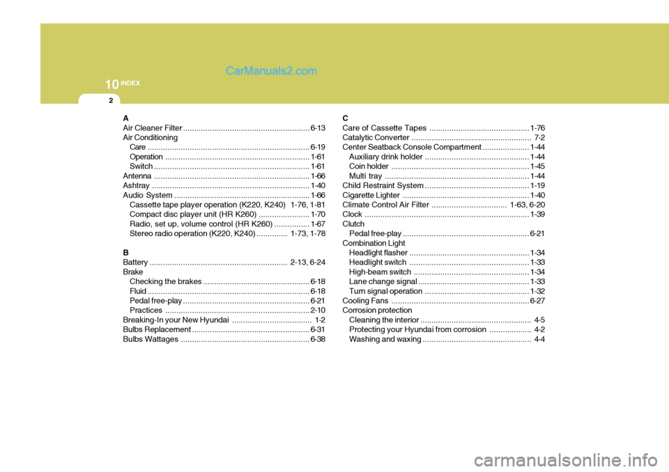 Hyundai H-100 Truck 2012  Owners Manual 10INDEX
2
A Air Cleaner  Filter ......................................................... 6-13
Air Conditioning Care ......................................................................... 6-19
Oper