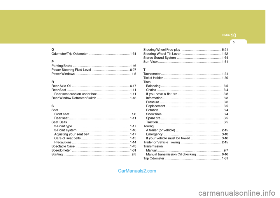 Hyundai H-100 Truck 2012 Owners Manual 10
INDEX
5
O Odometer/Trip Odometer ............................................ 1-31
PParking Brake ............................................................. 1-46
Power Steering Fluid Level .... Hyundai H-100 Truck 2012 Owners Manual 10
INDEX
5
O Odometer/Trip Odometer ............................................ 1-31
PParking Brake ............................................................. 1-46
Power Steering Fluid Level ....
