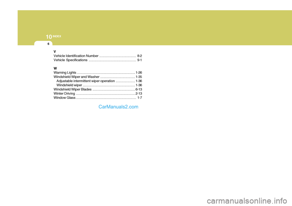 Hyundai H-100 Truck 2012  Owners Manual 10INDEX
6
V Vehicle Identifi cation Number ...................................... 8-2
Vehicle Specifica tions ................................................. 9-1
WWarning Lights ....................