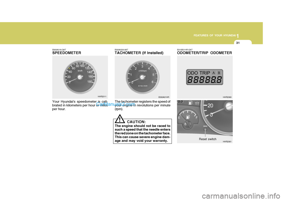 Hyundai H-100 Truck 2012 Service Manual 1
FEATURES OF YOUR HYUNDAI
31
The tachometer registers the speed of your engine in revolutions per minute (rpm).
!
CAUTION:
The engine should not be raced to such a speed that the needle enters the re