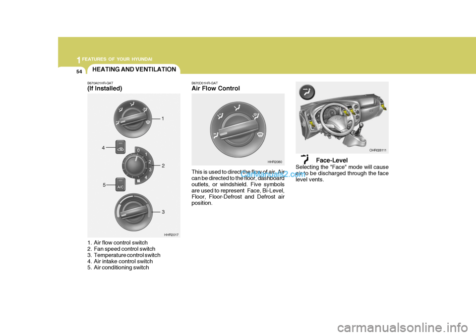Hyundai H-100 Truck 2012 Repair Manual 1FEATURES OF YOUR HYUNDAI
54
Face-Level
Selecting the "Face" mode will cause air to be discharged through the face level vents.
B670D01HR-GAT Air Flow Control This is used to direct the flow of air. A Hyundai H-100 Truck 2012 Repair Manual 1FEATURES OF YOUR HYUNDAI
54
Face-Level
Selecting the "Face" mode will cause air to be discharged through the face level vents.
B670D01HR-GAT Air Flow Control This is used to direct the flow of air. A