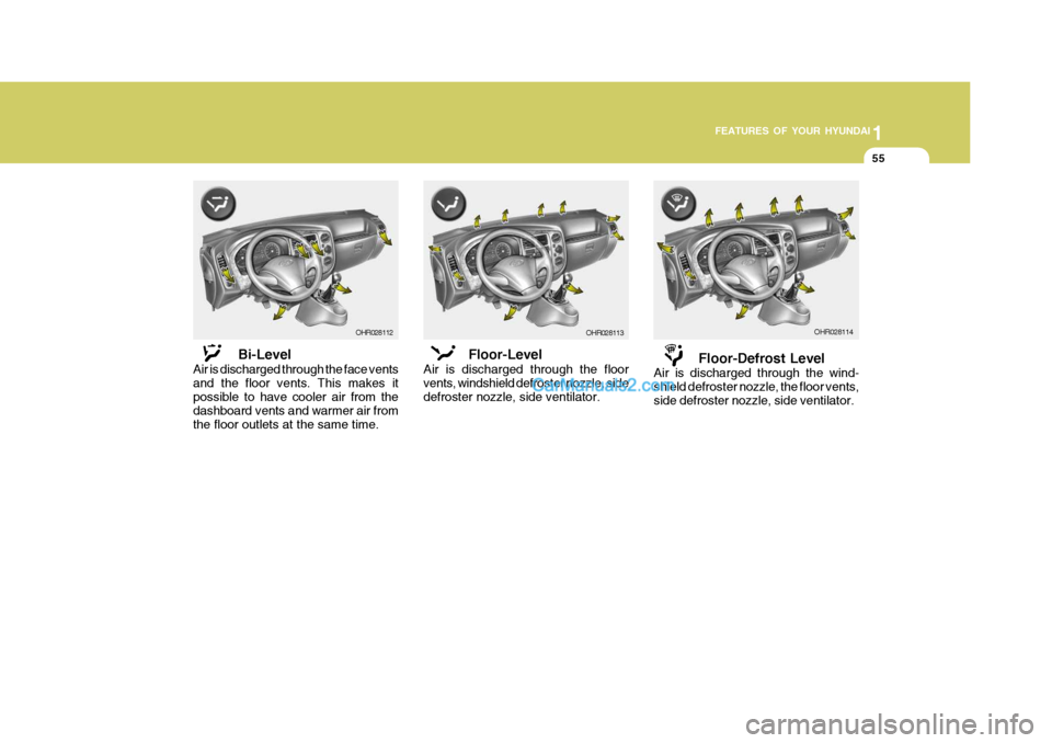 Hyundai H-100 Truck 2012 Repair Manual 1
FEATURES OF YOUR HYUNDAI
55
Bi-Level
Air is discharged through the face vents and the floor vents. This makes it possible to have cooler air from the dashboard vents and warmer air fromthe floor out Hyundai H-100 Truck 2012 Repair Manual 1
FEATURES OF YOUR HYUNDAI
55
Bi-Level
Air is discharged through the face vents and the floor vents. This makes it possible to have cooler air from the dashboard vents and warmer air fromthe floor out