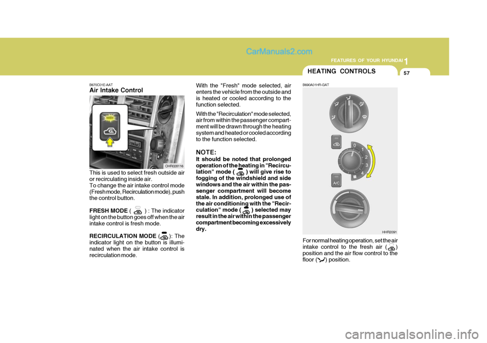 Hyundai H-100 Truck 2012  Owners Manual 1
FEATURES OF YOUR HYUNDAI
57
With the "Fresh" mode selected, air enters the vehicle from the outside andis heated or cooled according to the function selected. With the "Recirculation" mode selected,