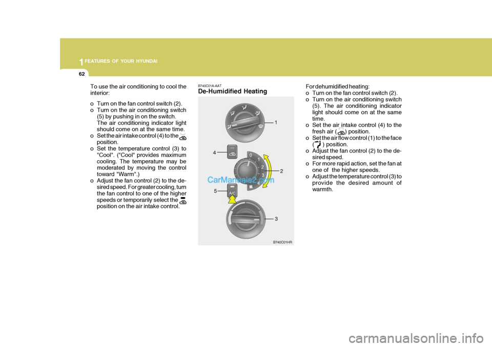 Hyundai H-100 Truck 2012 Manual PDF 1FEATURES OF YOUR HYUNDAI
62
1
2
3
4
5
For dehumidified heating: 
o Turn on the fan control switch (2).
o Turn on the air conditioning switch
(5). The air conditioning indicatorlight should come on at