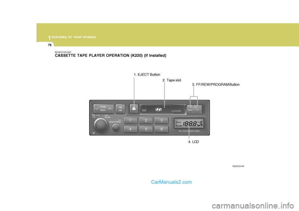 Hyundai H-100 Truck 2012 Manual Online 1FEATURES OF YOUR HYUNDAI
76
K220C01HR-GAT CASSETTE TAPE PLAYER OPERATION (K220) (If Installed)
2. Tape slot
K220C01HR
3. FF/REW/PROGRAM Button
1. EJECT Button
4 . LCD Hyundai H-100 Truck 2012 Manual Online 1FEATURES OF YOUR HYUNDAI
76
K220C01HR-GAT CASSETTE TAPE PLAYER OPERATION (K220) (If Installed)
2. Tape slot
K220C01HR
3. FF/REW/PROGRAM Button
1. EJECT Button
4 . LCD