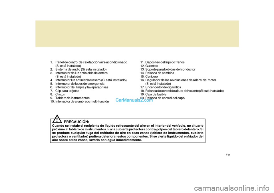 Hyundai H-100 Truck 2012 Manual del propietario (in Spanish) F11
1. Panel de control de calefacción/aire acondicionado
(Si está instalado)
2. Sistema de audio (Si está instalado)
3. Interruptor de luz antiniebla delantera
(Si está instalado)
4. Interruptor Hyundai H-100 Truck 2012 Manual del propietario (in Spanish) F11
1. Panel de control de calefacción/aire acondicionado
(Si está instalado)
2. Sistema de audio (Si está instalado)
3. Interruptor de luz antiniebla delantera
(Si está instalado)
4. Interruptor