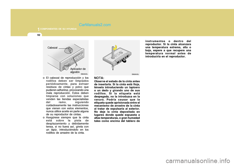 Hyundai H-100 Truck 2012  Manual del propietario (in Spanish) 1COMPONENTES DE SU HYUNDAI
92
B860A03LB860A02L
NOTA: Observe el estado de la cinta antes de insertarla. Si la cinta está floja, ténsela introduciendo un lapicero o un dedo y girando uno de susrodill