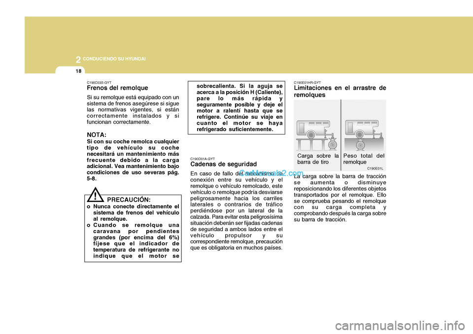 Hyundai H-100 Truck 2012 Manual del propietario (in Spanish) 2 CONDUCIENDO SU HYUNDAI
18
C190E01L
Peso total del remolque
Carga sobre labarra de tiro
C190D01A-GYT
Cadenas de seguridad
En caso de fallo del mecanismo de
conexión entre su vehículo y el remolque Hyundai H-100 Truck 2012 Manual del propietario (in Spanish) 2 CONDUCIENDO SU HYUNDAI
18
C190E01L
Peso total del remolque
Carga sobre labarra de tiro
C190D01A-GYT
Cadenas de seguridad
En caso de fallo del mecanismo de
conexión entre su vehículo y el remolque