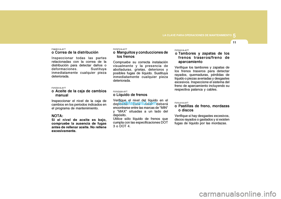 Hyundai H-100 Truck 2012  Manual del propietario (in Spanish) 5
LA CLAVE PARA OPERACIONES DE MANTENIMIENTO
11
F070G02A-AYT
o Líquido de frenos
Verifique el nivel del líquido en el
depósito. Este nivel deberá encontrarse entre las marcas de "MIN" y "MAX" situ