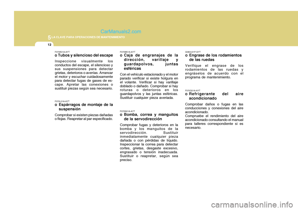 Hyundai H-100 Truck 2012  Manual del propietario (in Spanish) 5LA CLAVE PARA OPERACIONES DE MANTENIMIENTO
12
F070K01A-AYT
o Tubos y silencioso del escape
Inspeccione visualmente los conductos del escape, el silencioso y sus suspensiones para detectar grietas, de