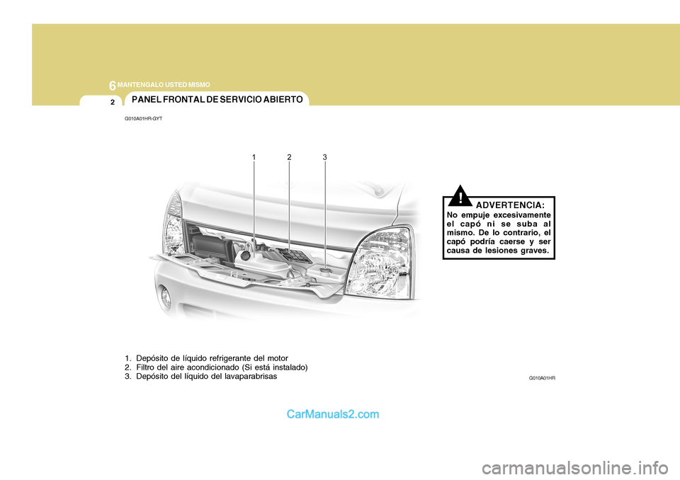 Hyundai H-100 Truck 2012  Manual del propietario (in Spanish) 6MANTENGALO USTED MISMO
2
!
PANEL FRONTAL DE SERVICIO ABIERTO
G010A01HR-GYT
1. Depósito de líquido refrigerante del motor 
2. Filtro del aire acondicionado (Si está instalado) 
3. Depósito del lí