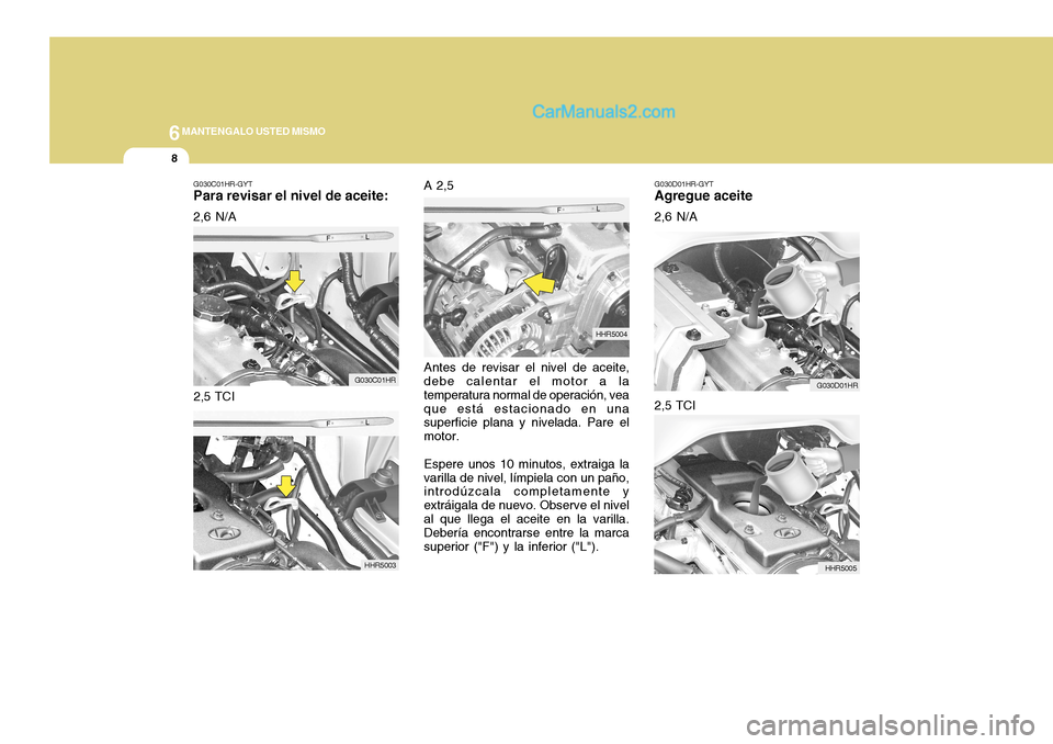 Hyundai H-100 Truck 2012  Manual del propietario (in Spanish) 6MANTENGALO USTED MISMO
8
G030C01HR-GYT Para revisar el nivel de aceite: 2,6 N/A
Antes de revisar el nivel de aceite,
debe calentar el motor a la temperatura normal de operación, veaque está estacio