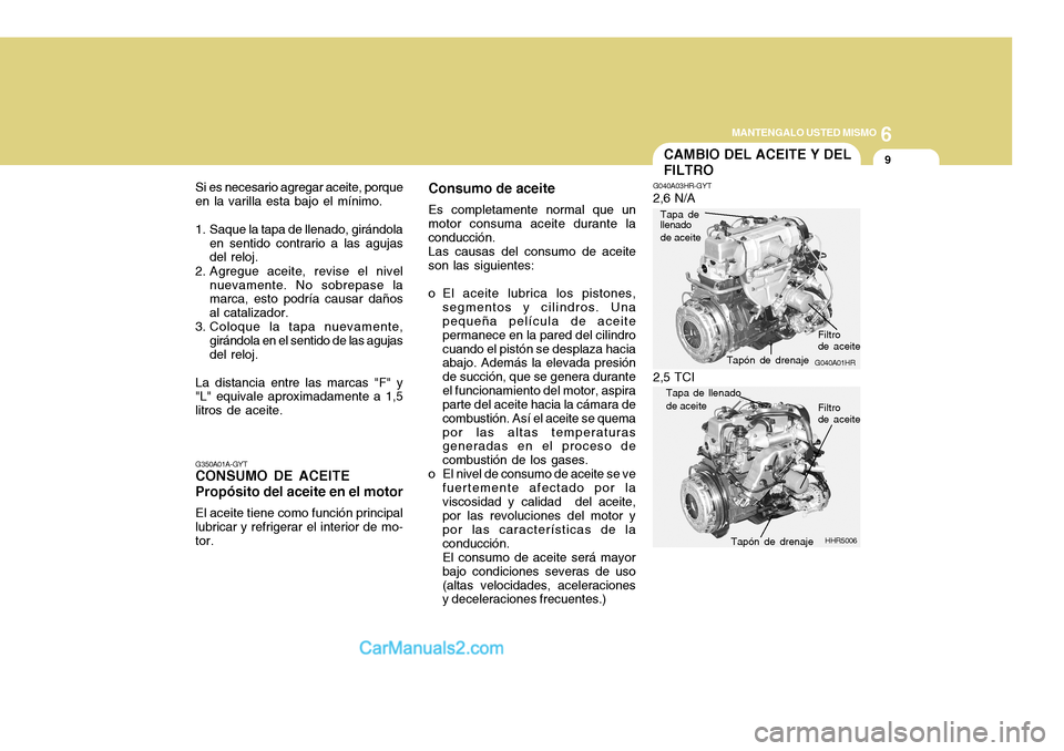 Hyundai H-100 Truck 2012  Manual del propietario (in Spanish) 6
MANTENGALO USTED MISMO
9
G350A01A-GYT
CONSUMO DE ACEITE Propósito del aceite en el motor
El aceite tiene como función principal lubricar y refrigerar el interior de mo- tor.
Si es necesario agrega