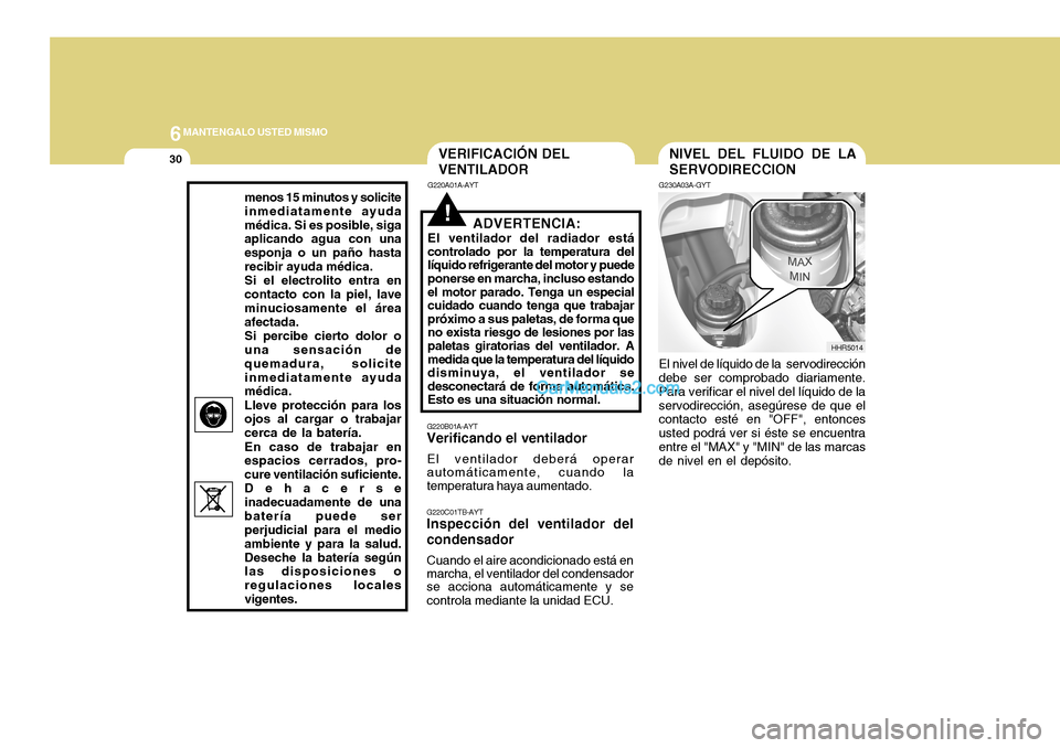 Hyundai H-100 Truck 2012 Manual del propietario (in Spanish) 6MANTENGALO USTED MISMO
30NIVEL DEL FLUIDO DE LA SERVODIRECCION
G230A03A-GYT El nivel de líquido de la servodirección debe ser comprobado diariamente. Para verificar el nivel del líquido de laserv Hyundai H-100 Truck 2012 Manual del propietario (in Spanish) 6MANTENGALO USTED MISMO
30NIVEL DEL FLUIDO DE LA SERVODIRECCION
G230A03A-GYT El nivel de líquido de la servodirección debe ser comprobado diariamente. Para verificar el nivel del líquido de laserv