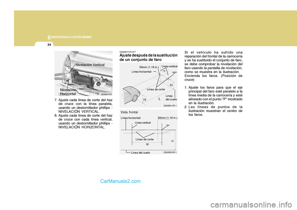Hyundai H-100 Truck 2012 Manual del propietario (in Spanish) 6MANTENGALO USTED MISMO
34
Si el vehículo ha sufrido una reparación del frontal de la carroceríay se ha sustituido el conjunto de faro, se debe comprobar la nivelación del faro usando la pantalla Hyundai H-100 Truck 2012 Manual del propietario (in Spanish) 6MANTENGALO USTED MISMO
34
Si el vehículo ha sufrido una reparación del frontal de la carroceríay se ha sustituido el conjunto de faro, se debe comprobar la nivelación del faro usando la pantalla