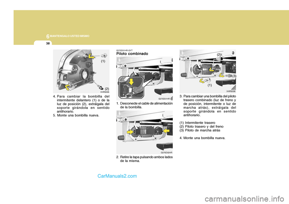 Hyundai H-100 Truck 2012  Manual del propietario (in Spanish) 6MANTENGALO USTED MISMO
38
3. Para cambiar una bombilla del piloto
trasero combinado (luz de freno y de posición, intermitente o luz de marcha atrás), extráigala delsoporte girándola en sentido an