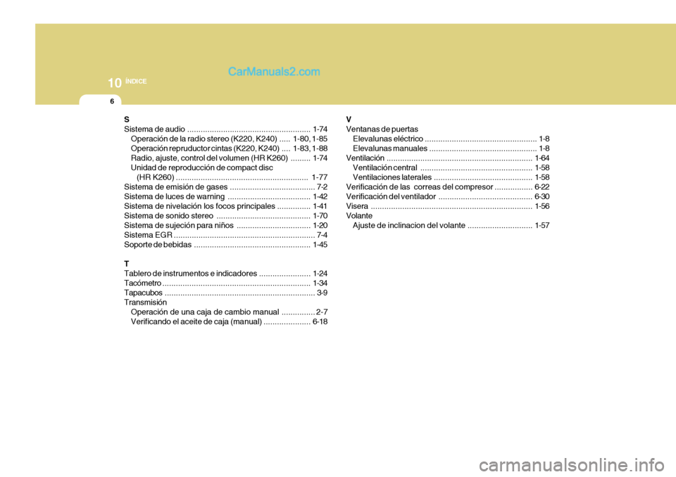 Hyundai H-100 Truck 2012  Manual del propietario (in Spanish) 10ÍNDICE
6
S Sistema de  audio ....................................................... 1-74
Operación de la radio stereo (K220, K240) ..... 1-80, 1-85
Operación repruductor cintas (K220,  K240) ...