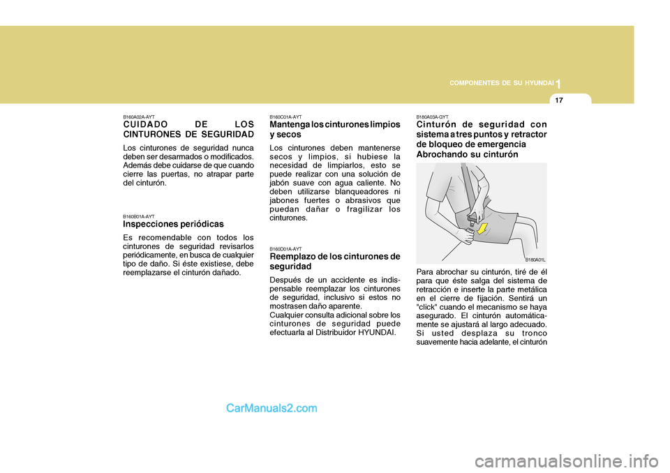 Hyundai H-100 Truck 2012  Manual del propietario (in Spanish) 1
COMPONENTES DE SU HYUNDAI
17
B160A02A-AYT CUIDADO DE LOS CINTURONES DE SEGURIDAD Los cinturones de seguridad nunca deben ser desarmados o modificados. Además debe cuidarse de que cuando cierre las 