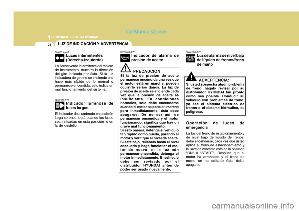 Hyundai H-100 Truck 2012  Manual del propietario (in Spanish) 1COMPONENTES DE SU HYUNDAI
28
!
B260F01A-AYT
Indicador luminose de luces largas
El indicador de alumbrado en posición
larga se encenderá cuando las luces sean situadas en esta posición  o enla de d