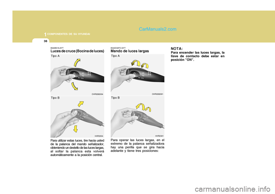 Hyundai H-100 Truck 2012  Manual del propietario (in Spanish) 1COMPONENTES DE SU HYUNDAI
36
B340C02FC-GYT Mando de luces largas Para operar las luces largas, en el extremo de la palanca señalizadorahay una perilla que se gira hacia adelante y tiene tres posicio