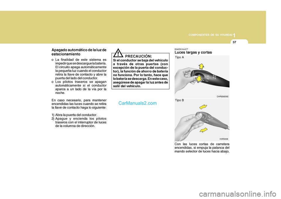 Hyundai H-100 Truck 2012 Manual del propietario (in Spanish) 1
COMPONENTES DE SU HYUNDAI
37
B340D01A-AYT Luces largas y cortas
Con las luces cortas de carretera
encendidas, si empuja la palanca del mando selector de luces hacia abajo,
HHR2002
OHR0292002
Tipo A Hyundai H-100 Truck 2012 Manual del propietario (in Spanish) 1
COMPONENTES DE SU HYUNDAI
37
B340D01A-AYT Luces largas y cortas
Con las luces cortas de carretera
encendidas, si empuja la palanca del mando selector de luces hacia abajo,
HHR2002
OHR0292002
Tipo A