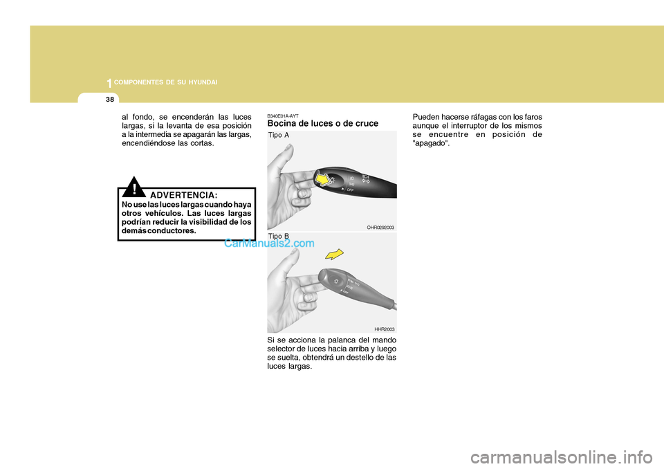 Hyundai H-100 Truck 2012 Manual del propietario (in Spanish) 1COMPONENTES DE SU HYUNDAI
38
B340E01A-AYT Bocina de luces o de cruce Si se acciona la palanca del mando
selector de luces hacia arriba y luego se suelta, obtendrá un destello de las luces largas.
HH Hyundai H-100 Truck 2012 Manual del propietario (in Spanish) 1COMPONENTES DE SU HYUNDAI
38
B340E01A-AYT Bocina de luces o de cruce Si se acciona la palanca del mando
selector de luces hacia arriba y luego se suelta, obtendrá un destello de las luces largas.
HH