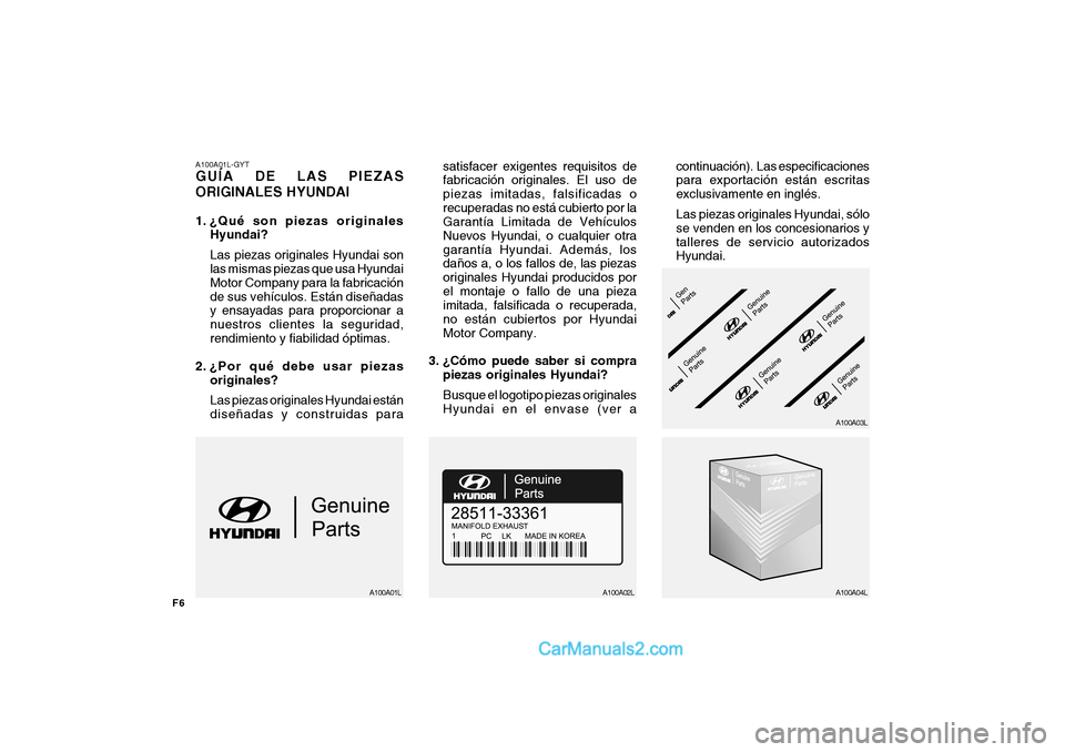 Hyundai H-100 Truck 2012  Manual del propietario (in Spanish) F6A100A01L-GYT GUÍA DE LAS PIEZAS ORIGINALES HYUNDAI 
1. ¿Qué son piezas originales
Hyundai? Las piezas originales Hyundai son las mismas piezas que usa Hyundai Motor Company para la fabricaciónde