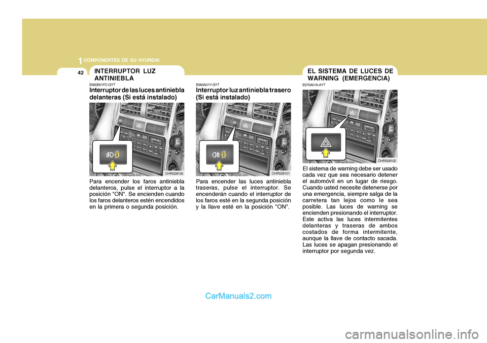 Hyundai H-100 Truck 2012 Manual del propietario (in Spanish) 1COMPONENTES DE SU HYUNDAI
42EL SISTEMA DE LUCES DE WARNING (EMERGENCIA)
B370A01A-AYT
El sistema de warning debe ser usado
cada vez que sea necesario detener el automóvil en un lugar de riesgo.Cuando Hyundai H-100 Truck 2012 Manual del propietario (in Spanish) 1COMPONENTES DE SU HYUNDAI
42EL SISTEMA DE LUCES DE WARNING (EMERGENCIA)
B370A01A-AYT
El sistema de warning debe ser usado
cada vez que sea necesario detener el automóvil en un lugar de riesgo.Cuando