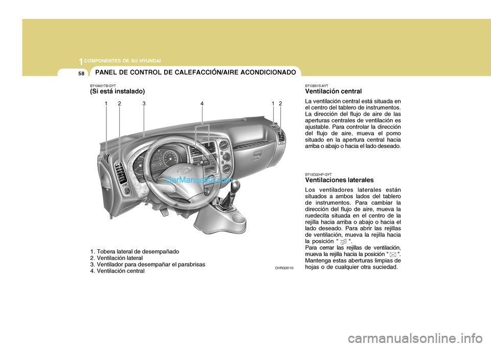 Hyundai H-100 Truck 2012 Manual del propietario (in Spanish) 1COMPONENTES DE SU HYUNDAI
58PANEL DE CONTROL DE CALEFACCIÓN/AIRE ACONDICIONADO
1. Tobera lateral de desempañado
2. Ventilación lateral
3. Ventilador para desempañar el parabrisas
4. Ventilaci Hyundai H-100 Truck 2012 Manual del propietario (in Spanish) 1COMPONENTES DE SU HYUNDAI
58PANEL DE CONTROL DE CALEFACCIÓN/AIRE ACONDICIONADO
1. Tobera lateral de desempañado
2. Ventilación lateral
3. Ventilador para desempañar el parabrisas
4. Ventilaci