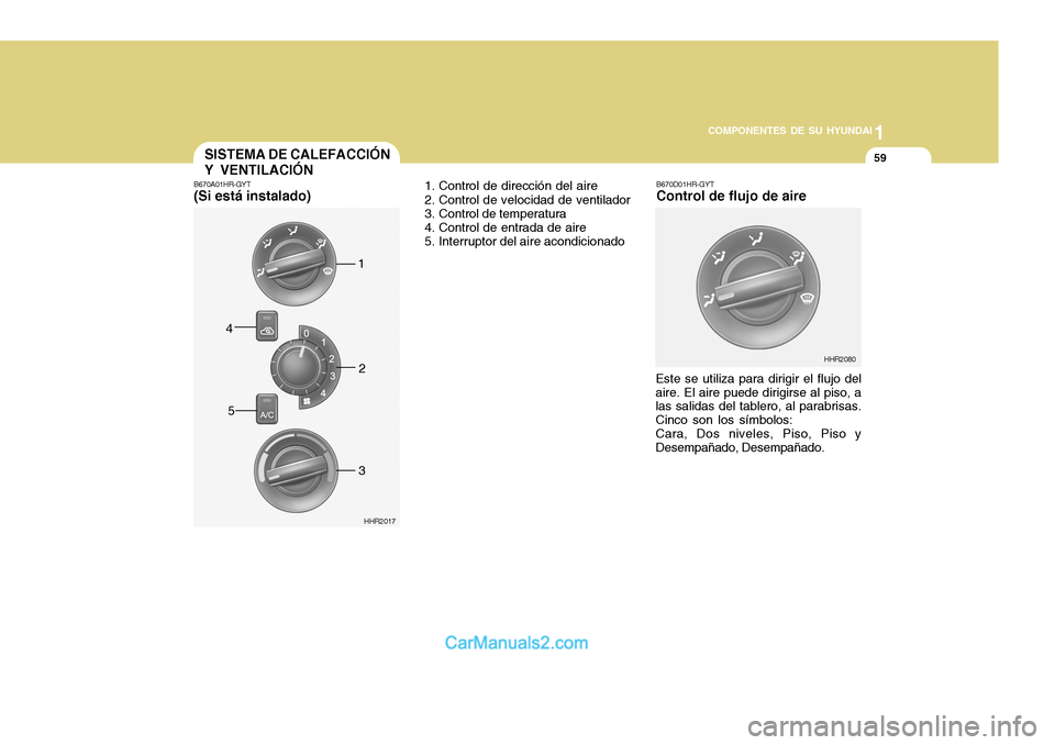 Hyundai H-100 Truck 2012 Manual del propietario (in Spanish) 1
COMPONENTES DE SU HYUNDAI
59SISTEMA DE CALEFACCIÓN Y VENTILACIÓN
B670A01HR-GYT (Si está instalado) 1. Control de dirección del aire
2. Control de velocidad de ventilador
3. Control de temperat Hyundai H-100 Truck 2012 Manual del propietario (in Spanish) 1
COMPONENTES DE SU HYUNDAI
59SISTEMA DE CALEFACCIÓN Y VENTILACIÓN
B670A01HR-GYT (Si está instalado) 1. Control de dirección del aire
2. Control de velocidad de ventilador
3. Control de temperat