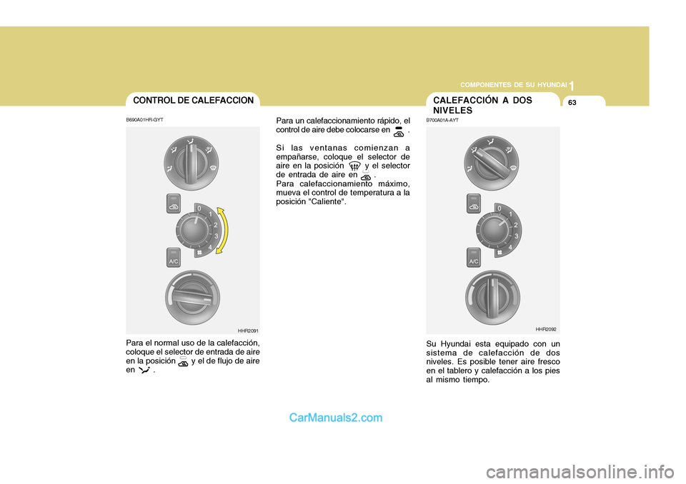 Hyundai H-100 Truck 2012 Manual del propietario (in Spanish) 1
COMPONENTES DE SU HYUNDAI
63
Para el normal uso de la calefacción, coloque el selector de entrada de aireen la posición y el de flujo de aire
en .CONTROL DE CALEFACCION
B690A01HR-GYT Pa Hyundai H-100 Truck 2012 Manual del propietario (in Spanish) 1
COMPONENTES DE SU HYUNDAI
63
Para el normal uso de la calefacción, coloque el selector de entrada de aireen la posición y el de flujo de aire
en .CONTROL DE CALEFACCION
B690A01HR-GYT Pa
