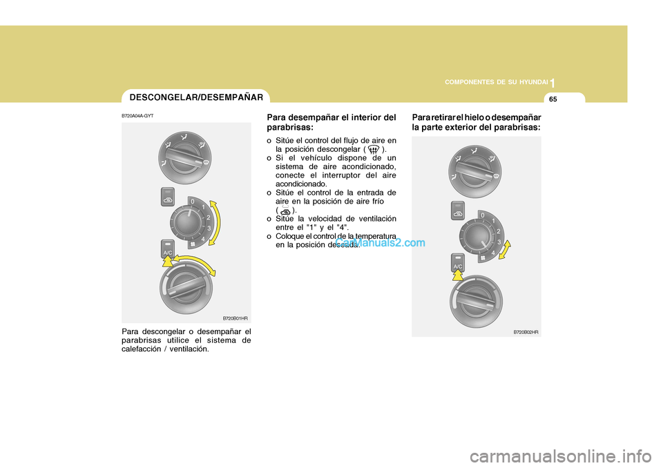 Hyundai H-100 Truck 2012 Manual del propietario (in Spanish) 1
COMPONENTES DE SU HYUNDAI
65DESCONGELAR/DESEMPAÑAR
B720A04A-GYT Para desempañar el interior del parabrisas:
o Sitúe el control del flujo de aire en la posición descongelar ( ).
o Si el vehí Hyundai H-100 Truck 2012 Manual del propietario (in Spanish) 1
COMPONENTES DE SU HYUNDAI
65DESCONGELAR/DESEMPAÑAR
B720A04A-GYT Para desempañar el interior del parabrisas:
o Sitúe el control del flujo de aire en la posición descongelar ( ).
o Si el vehí
