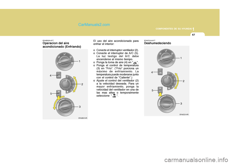 Hyundai H-100 Truck 2012 Manual del propietario (in Spanish) 1
COMPONENTES DE SU HYUNDAI
67
B740B02A-AYT Operacion del aire acondicionado (Enfriando) El uso del aire acondicionado para enfriar el interior:
o Conecte el interruptor ventilador (2).
o Conecte el Hyundai H-100 Truck 2012 Manual del propietario (in Spanish) 1
COMPONENTES DE SU HYUNDAI
67
B740B02A-AYT Operacion del aire acondicionado (Enfriando) El uso del aire acondicionado para enfriar el interior:
o Conecte el interruptor ventilador (2).
o Conecte el