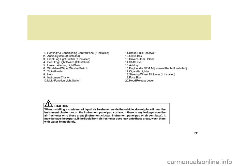 Hyundai H-100 Truck 2011  Owners Manual F11
CAUTION:
When installing a container of liquid air freshener inside the vehicle, do not place it near the instrument cluster nor on the instrument panel pad surface. If there is any leakage from t