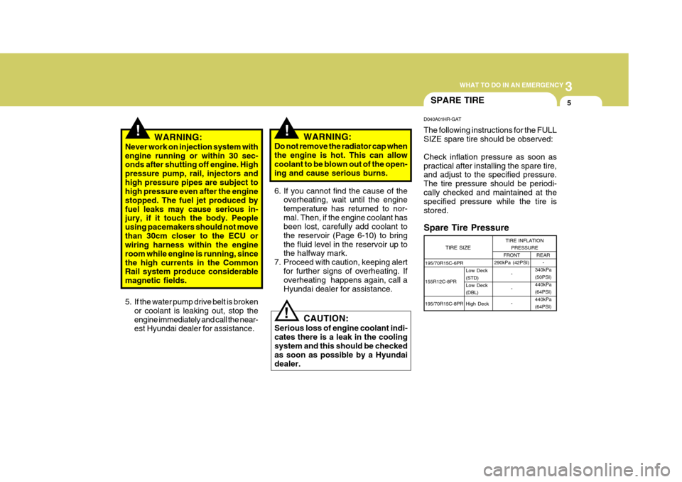 Hyundai H-100 Truck 2011  Owners Manual 3
WHAT TO DO IN AN EMERGENCY
5
195/70R15C-6PR 155R12C-8PR 195/70R15C-8PR FRONT
290kPa (42PSI)
- - -
!!
SPARE TIRE
WARNING:
Never work on injection system with engine running or within 30 sec- onds aft