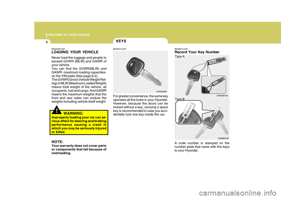 Hyundai H-100 Truck 2011 User Guide 1FEATURES OF YOUR HYUNDAI
4
B030B01A-AAT Record Your Key Number A code number is stamped on the number plate that came with the keysto your Hyundai.KEYS
B030A01A-AAT
For greater convenience, the same 