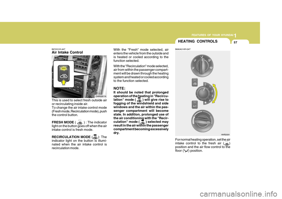 Hyundai H-100 Truck 2011 Repair Manual 1
FEATURES OF YOUR HYUNDAI
57
With the "Fresh" mode selected, air enters the vehicle from the outside andis heated or cooled according to the function selected. With the "Recirculation" mode selected,