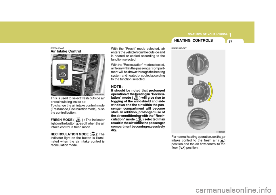 Hyundai H-100 Truck 2011  Owners Manual 1
FEATURES OF YOUR HYUNDAI
57
With the "Fresh" mode selected, air enters the vehicle from the outside andis heated or cooled according to the function selected. With the "Recirculation" mode selected,