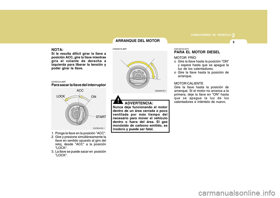 Hyundai H-100 Truck 2011 Manual del propietario (in Spanish) 2
CONDUCIENDO SU VEHÍCULO
5ARRANQUE DEL MOTOR
NOTA: Si le resulta difícil girar la llave a posición ACC, gire la llave mientrasgira el volante de derecha a izquierda para liberar la tensión y pode Hyundai H-100 Truck 2011 Manual del propietario (in Spanish) 2
CONDUCIENDO SU VEHÍCULO
5ARRANQUE DEL MOTOR
NOTA: Si le resulta difícil girar la llave a posición ACC, gire la llave mientrasgira el volante de derecha a izquierda para liberar la tensión y pode