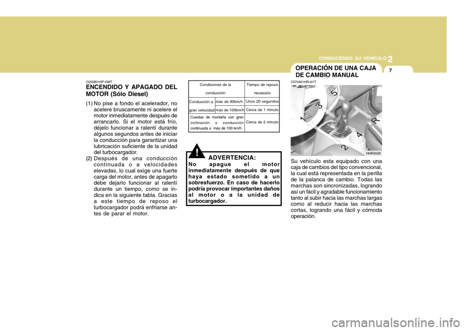 Hyundai H-100 Truck 2011 Manual del propietario (in Spanish) 2
CONDUCIENDO SU VEHÍCULO
7
!
C055B01HP-GMT
ENCENDIDO Y APAGADO DEL MOTOR (Sólo Diesel)
(1) No pise a fondo el acelerador, no
acelere bruscamente ni acelere el motor inmediatamente después de arra Hyundai H-100 Truck 2011 Manual del propietario (in Spanish) 2
CONDUCIENDO SU VEHÍCULO
7
!
C055B01HP-GMT
ENCENDIDO Y APAGADO DEL MOTOR (Sólo Diesel)
(1) No pise a fondo el acelerador, no
acelere bruscamente ni acelere el motor inmediatamente después de arra