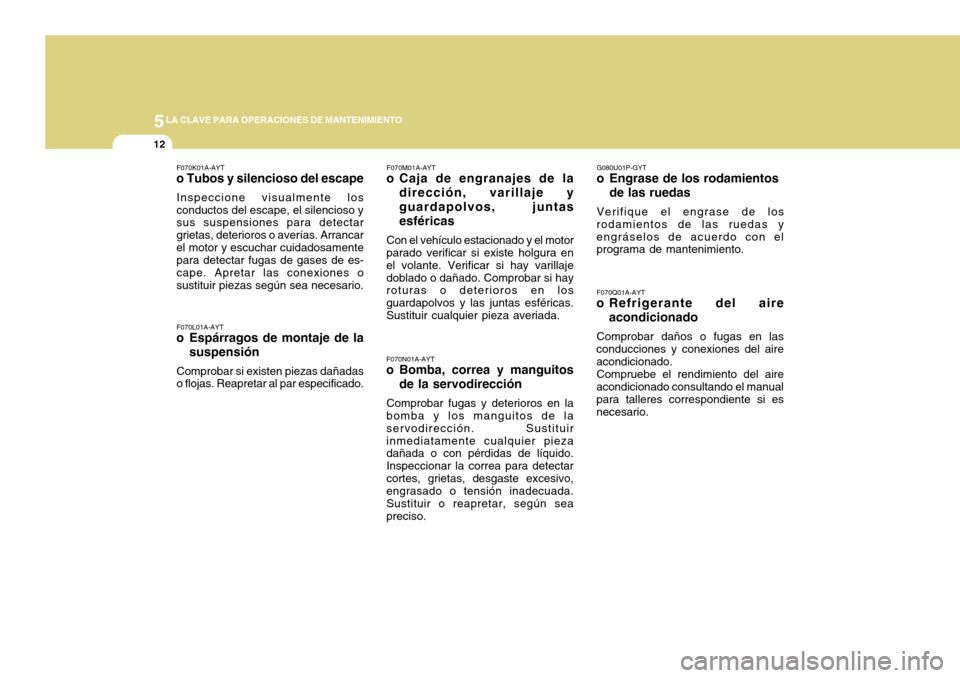 Hyundai H-100 Truck 2011 Manual del propietario (in Spanish) 5LA CLAVE PARA OPERACIONES DE MANTENIMIENTO
12
F070K01A-AYT
o Tubos y silencioso del escape
Inspeccione visualmente los conductos del escape, el silencioso y sus suspensiones para detectar grietas, de Hyundai H-100 Truck 2011 Manual del propietario (in Spanish) 5LA CLAVE PARA OPERACIONES DE MANTENIMIENTO
12
F070K01A-AYT
o Tubos y silencioso del escape
Inspeccione visualmente los conductos del escape, el silencioso y sus suspensiones para detectar grietas, de