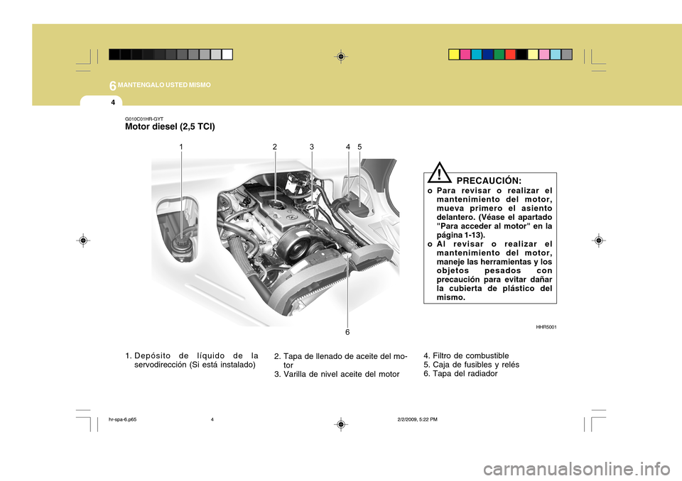 Hyundai H-100 Truck 2011 Manual del propietario (in Spanish) 6MANTENGALO USTED MISMO
4
G010C01HR-GYT
Motor diesel (2,5 TCI)
HHR5001
1. Depósito de líquido de la servodirección (Si está instalado) 2. Tapa de llenado de aceite del mo-
tor
3. Varilla de nivel Hyundai H-100 Truck 2011 Manual del propietario (in Spanish) 6MANTENGALO USTED MISMO
4
G010C01HR-GYT
Motor diesel (2,5 TCI)
HHR5001
1. Depósito de líquido de la servodirección (Si está instalado) 2. Tapa de llenado de aceite del mo-
tor
3. Varilla de nivel