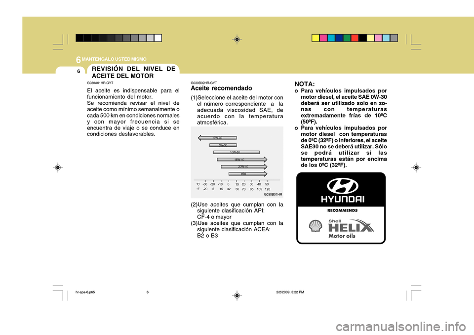 Hyundai H-100 Truck 2011 Manual del propietario (in Spanish) 6MANTENGALO USTED MISMO
6REVISIÓN DEL NIVEL DE ACEITE DEL MOTOR
G030A01HR-GYT El aceite es indispensable para el funcionamiento del motor. Se recomienda revisar el nivel de aceite como mínimo semana Hyundai H-100 Truck 2011 Manual del propietario (in Spanish) 6MANTENGALO USTED MISMO
6REVISIÓN DEL NIVEL DE ACEITE DEL MOTOR
G030A01HR-GYT El aceite es indispensable para el funcionamiento del motor. Se recomienda revisar el nivel de aceite como mínimo semana