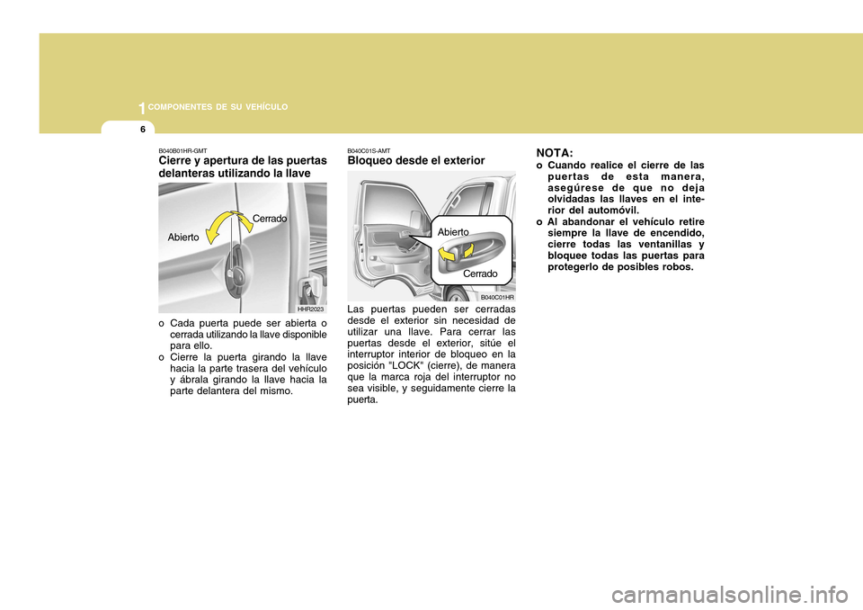 Hyundai H-100 Truck 2011  Manual del propietario (in Spanish) 1COMPONENTES DE SU VEHÍCULO
6
Las puertas pueden ser cerradas 
desde el exterior sin necesidad de utilizar una llave. Para cerrar las
puertas desde el exterior, sitúe el interruptor interior de bloq