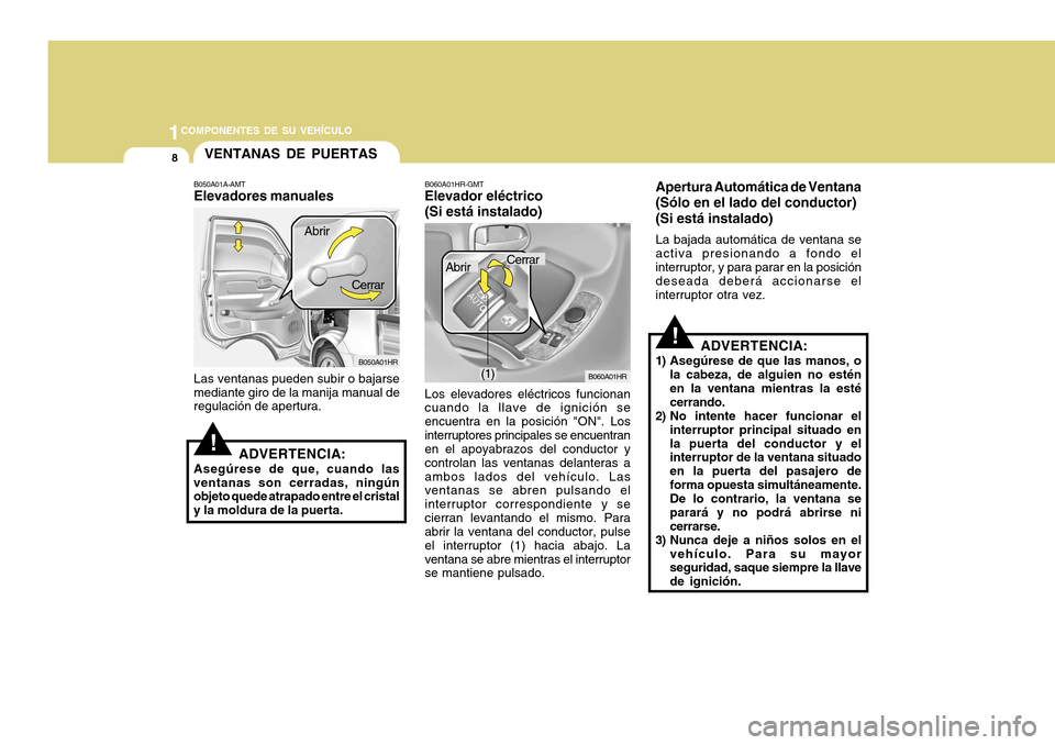 Hyundai H-100 Truck 2011  Manual del propietario (in Spanish) 1COMPONENTES DE SU VEHÍCULO
8
!ADVERTENCIA:
1) Asegúrese de que las manos, o la cabeza, de alguien no estén en la ventana mientras la estécerrando.
2) No intente hacer funcionar el
interruptor pri