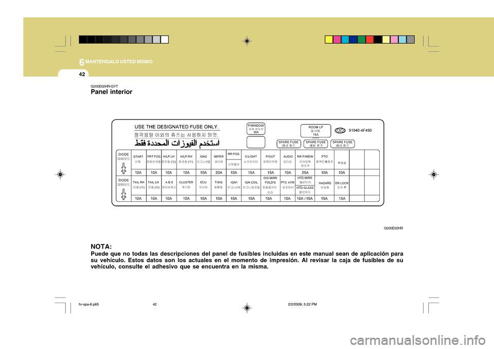 Hyundai H-100 Truck 2011 Manual del propietario (in Spanish) 6MANTENGALO USTED MISMO
42
G200E02HR-GYT Panel interior
G200E02HR
NOTA: Puede que no todas las descripciones del panel de fusibles incluidas en este manual sean de aplicación para su vehículo. Estos Hyundai H-100 Truck 2011 Manual del propietario (in Spanish) 6MANTENGALO USTED MISMO
42
G200E02HR-GYT Panel interior
G200E02HR
NOTA: Puede que no todas las descripciones del panel de fusibles incluidas en este manual sean de aplicación para su vehículo. Estos
