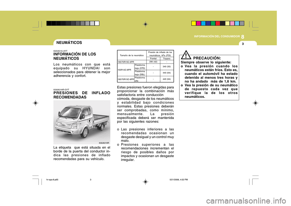Hyundai H-100 Truck 2011 Manual del propietario (in Spanish) 8
INFORMACIÓN DEL CONSUMIDOR
3NEUMÁTICOS
I020A01A-AYT INFORMACIÓN DE LOS NEUMÁTICOS Los neumáticos con que está equipado su HYUNDAI sonseleccionados para obtener la mejor adherencia y confort. I Hyundai H-100 Truck 2011 Manual del propietario (in Spanish) 8
INFORMACIÓN DEL CONSUMIDOR
3NEUMÁTICOS
I020A01A-AYT INFORMACIÓN DE LOS NEUMÁTICOS Los neumáticos con que está equipado su HYUNDAI sonseleccionados para obtener la mejor adherencia y confort. I