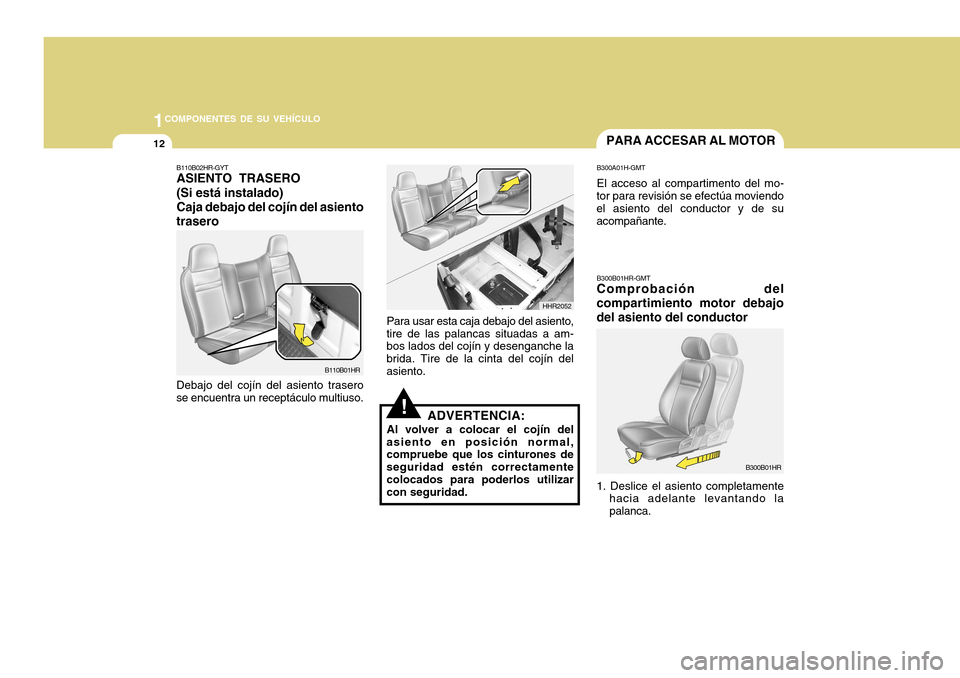Hyundai H-100 Truck 2011 Manual del propietario (in Spanish) 1COMPONENTES DE SU VEHÍCULO
12
HHR2052
B110B02HR-GYT ASIENTO TRASERO (Si está instalado)Caja debajo del cojín del asiento
trasero Debajo del cojín del asiento trasero se encuentra un receptáculo Hyundai H-100 Truck 2011 Manual del propietario (in Spanish) 1COMPONENTES DE SU VEHÍCULO
12
HHR2052
B110B02HR-GYT ASIENTO TRASERO (Si está instalado)Caja debajo del cojín del asiento
trasero Debajo del cojín del asiento trasero se encuentra un receptáculo